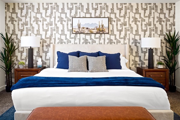 Stylish Scottsdale short-term rental bedroom with modern décor, managed by Arizona STR Management.